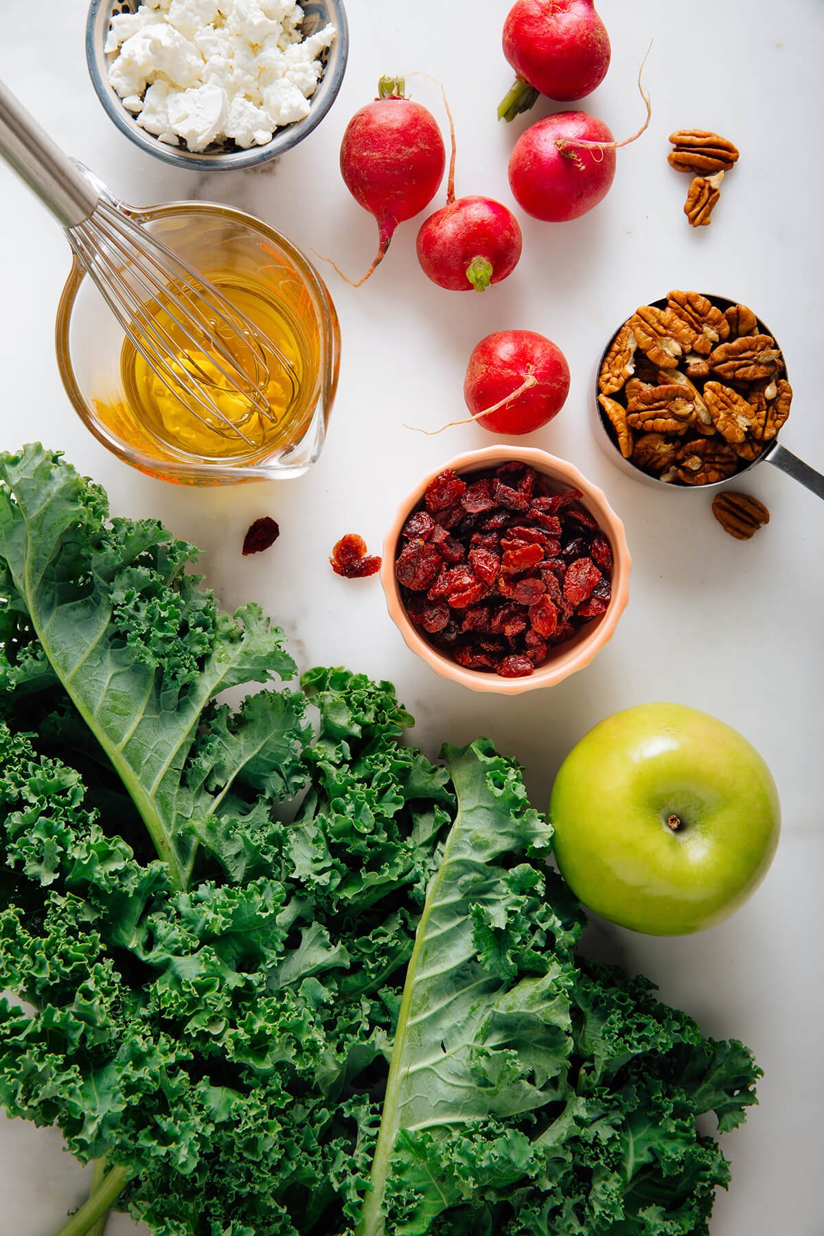 ingredients for kale salad with apples and pecans